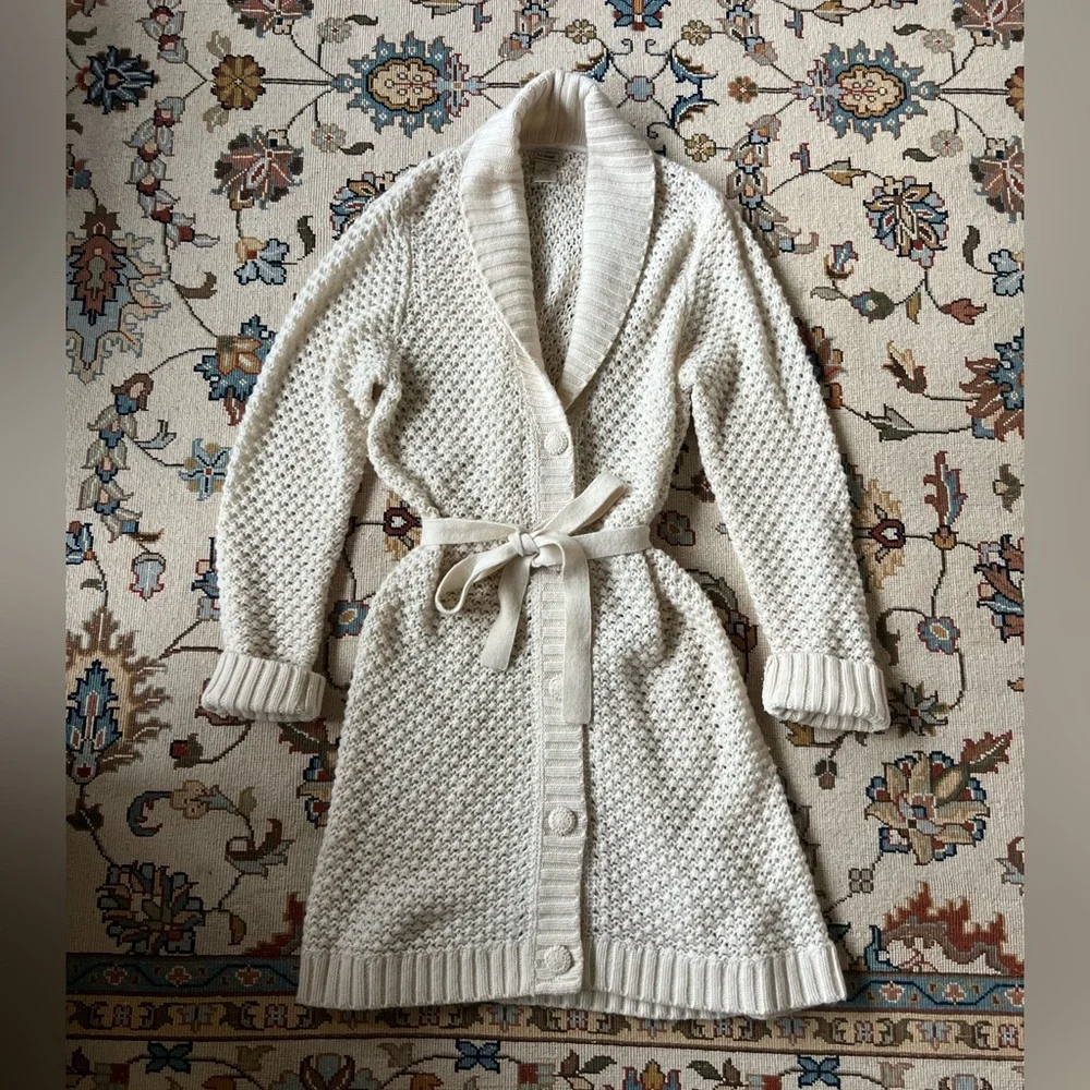 L.L. Bean Cream Wool blend Chunky Knit Cardigan Duster Sweater - Picture 1 of 7